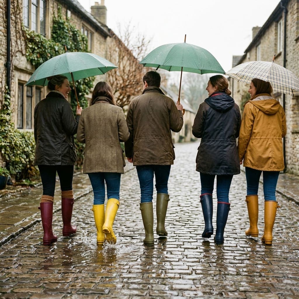 Friends in colourful wellington boots walking a rainy cobbled British village lane with umbrellas